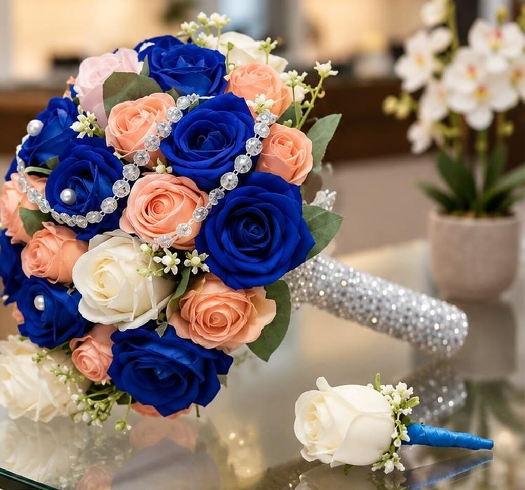 accueil Bouquet de mariée bleu royal avec roses, perles et cristaux et boutonnière assortie – Maperle K Accessoires