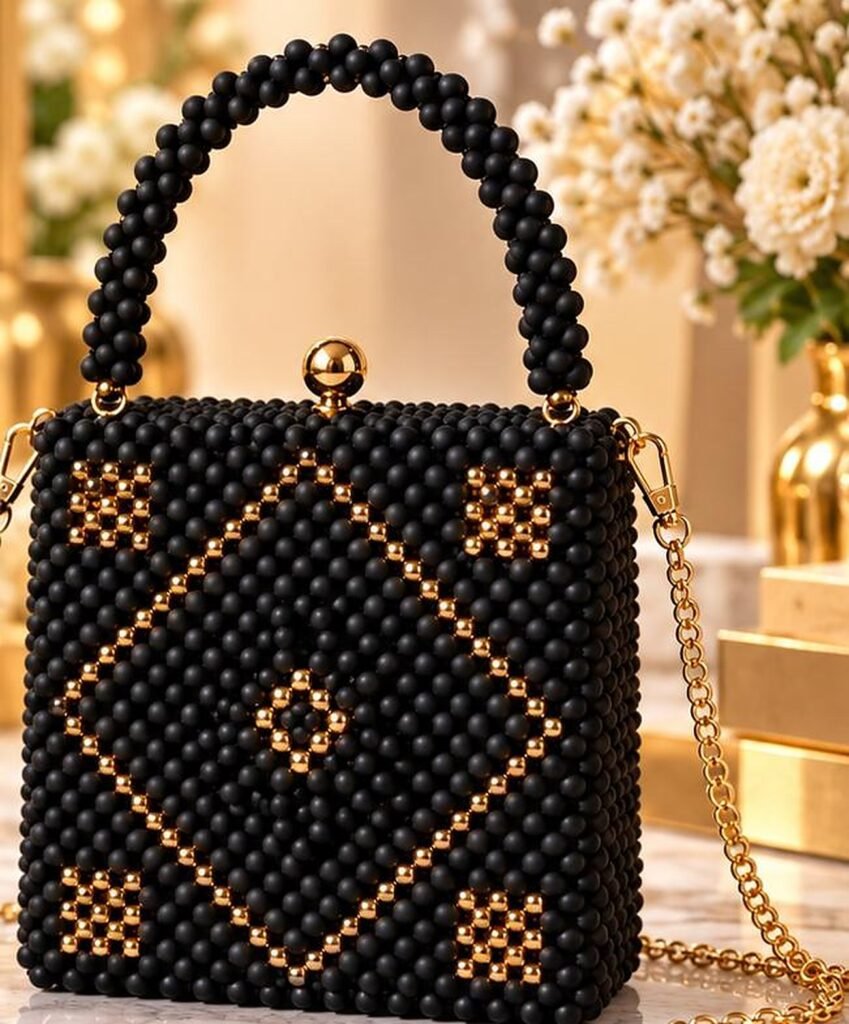 accueil Pochette Onyx Dorée en perles tissées à la main – Maperle K Accessoires