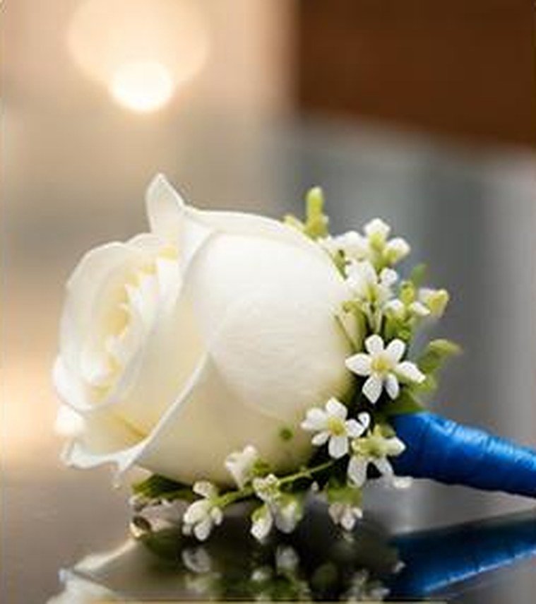 05 Bouquet de mariée bleu royal avec roses, perles et cristaux et boutonnière assortie – Maperle K Accessoires