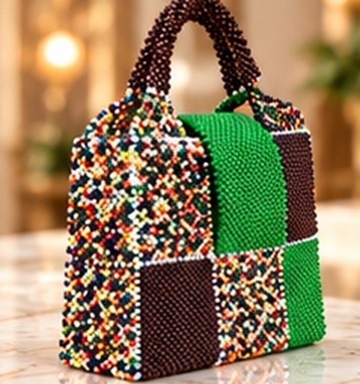 sac damier cote web Sac Paon Émeraude en perles vert, brun et multicolore Maperle K
