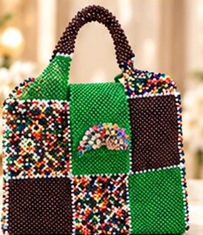 sac damier face web Sac Paon Émeraude en perles vert, brun et multicolore Maperle K
