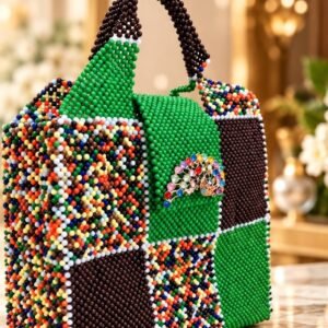 Sac Paon Émeraude en perles vert, brun et multicolore Maperle K