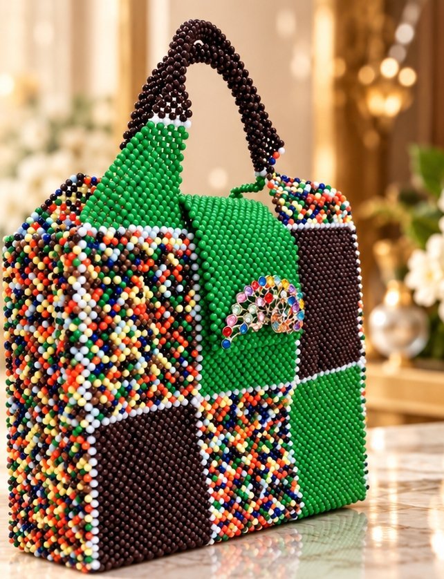 sac damier principal web Sac Paon Émeraude en perles vert, brun et multicolore Maperle K